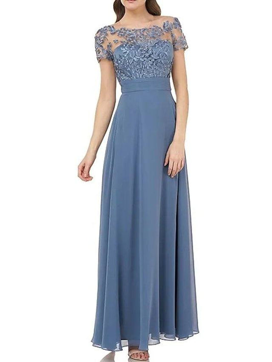 A-Line Mother of the Bride Dress Elegant Illusion Neck Floor Length Chiffon Short Sleeve with Appliques - RongMoon