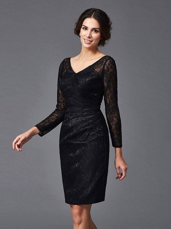 Sheath/Column V-neck Lace Long Sleeves Short Elastic Woven Satin Mother of the Bride Dresses - RongMoon