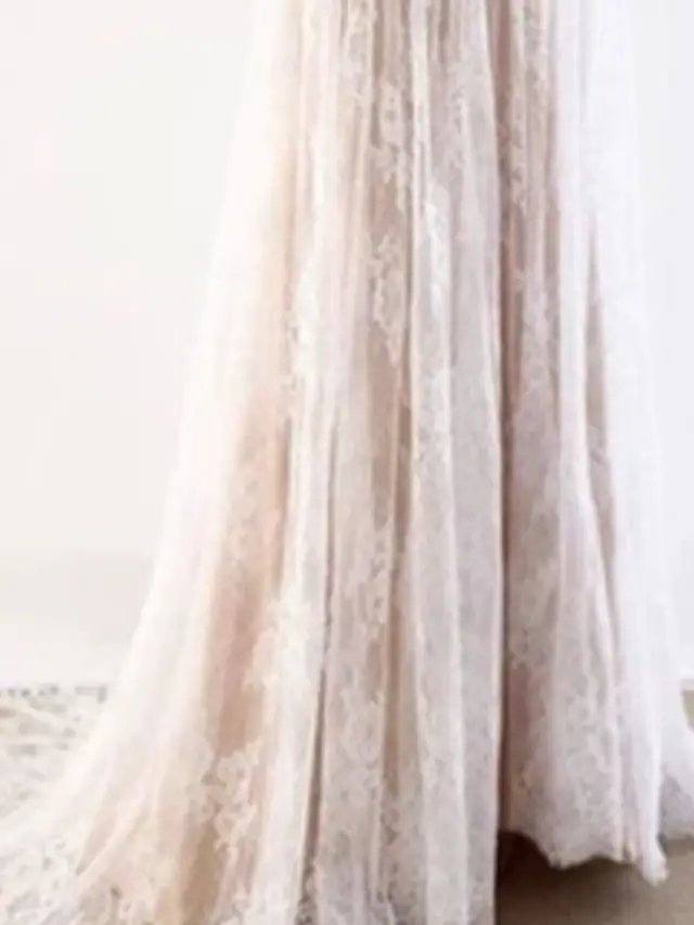 A-Line Wedding Dresses V Neck Sweep / Brush Train Tulle Short Sleeve Illusion Detail with Draping Appliques - RongMoon