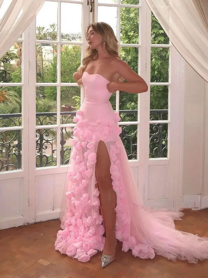 Beautiful Pink Strapless Tulle Rose Flowers Prom Dress Mermaid Slit Evening Dress Wedding Dress cc2084