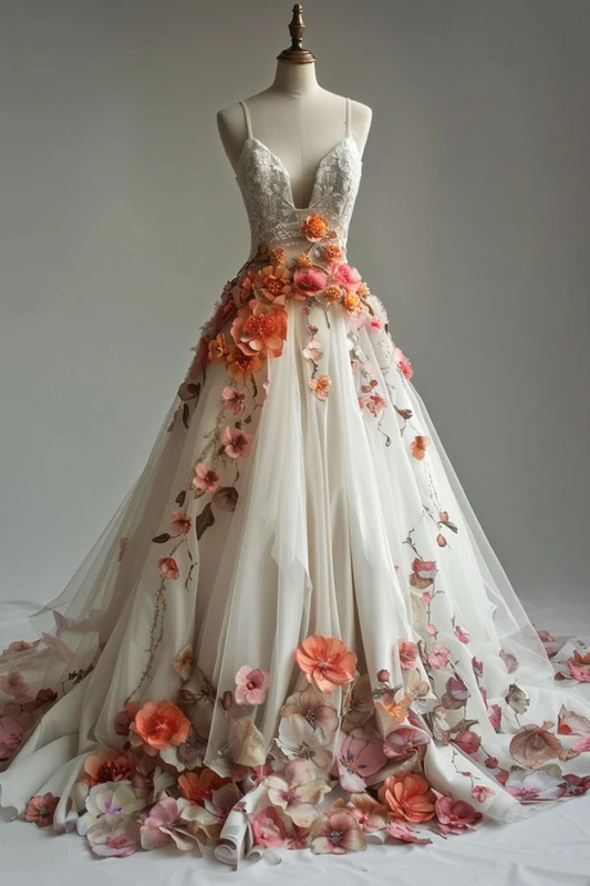 Ivory A-Line Tulle Appliques Wedding Dress, Elegant Lace Spaghetti Strap Prom Dress cc2432
