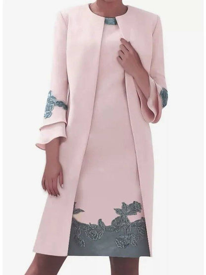 Sheath / Column Mother of the Bride Dress Elegant Jewel Neck Knee Length Satin Long Sleeve with Embroidery - RongMoon