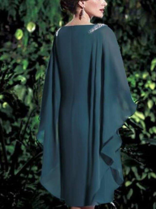 Sheath / Column Mother of the Bride Dress Elegant Bateau Neck Knee Length Chiffon 3/4 Length Sleeve with Pearls - RongMoon