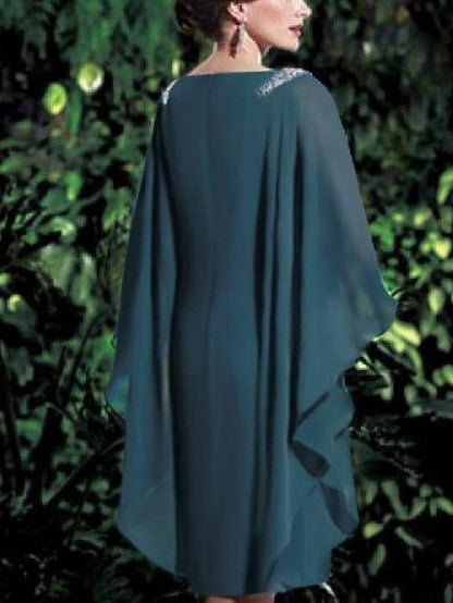 Sheath / Column Mother of the Bride Dress Elegant Bateau Neck Knee Length Chiffon 3/4 Length Sleeve with Pearls - RongMoon