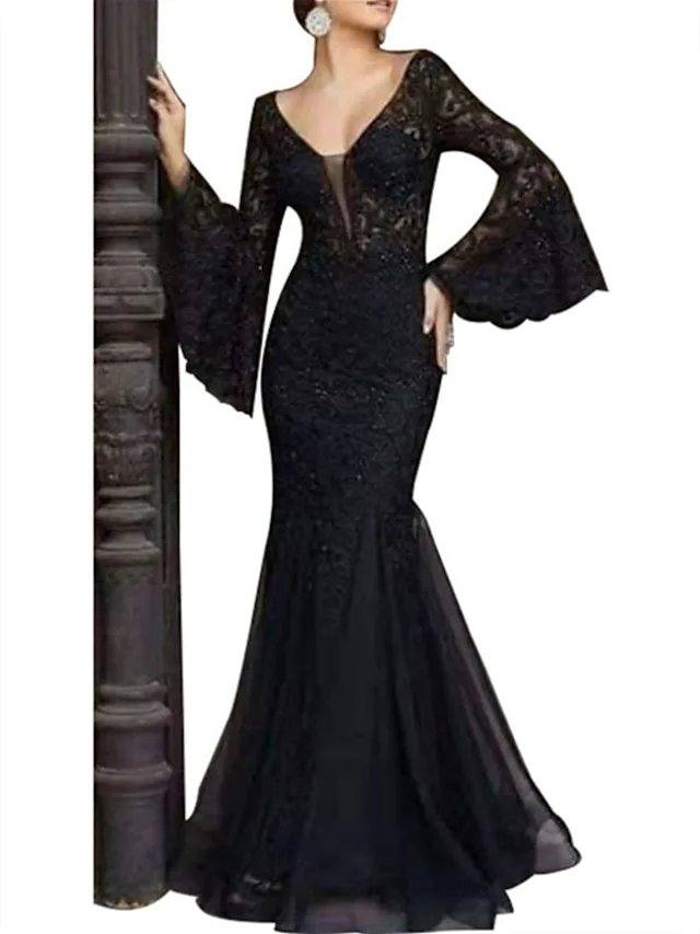 Mermaid / Trumpet Mother of the Bride Dress Elegant Sexy V Neck Floor Length Lace Tulle Long Sleeve with Sequin Appliques - RongMoon
