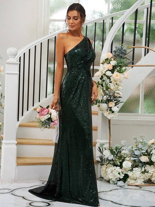Sheath/Column Sequins Ruched One-Shoulder Sleeveless Sweep/Brush Train Bridesmaid Dresses - RongMoon