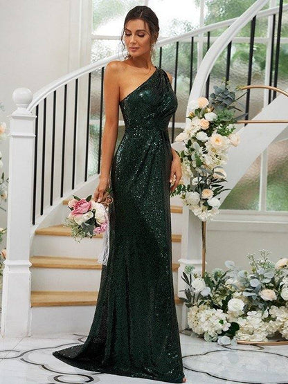 Sheath/Column Sequins Ruched One-Shoulder Sleeveless Sweep/Brush Train Bridesmaid Dresses - RongMoon