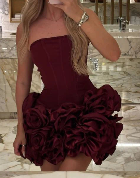 Burgundy Vintage Short Satin Fashion Pleated Mini Homecoming Dress Cocktail Party Dress gh4753