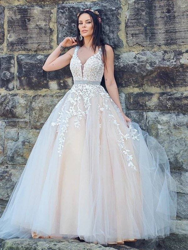 A-Line/Princess Applique Tulle Sleeveless V-neck Sweep/Brush Train Dresses - RongMoon