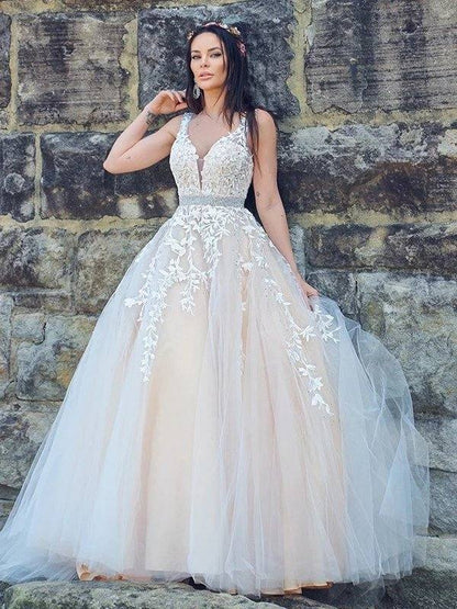A-Line/Princess Applique Tulle Sleeveless V-neck Sweep/Brush Train Dresses - RongMoon
