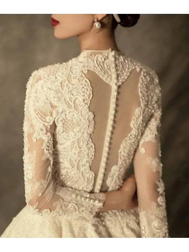 A-Line Wedding Dresses Jewel Neck Sweep / Brush Train Lace Tulle Long Sleeve Vintage Luxurious with Appliques - RongMoon
