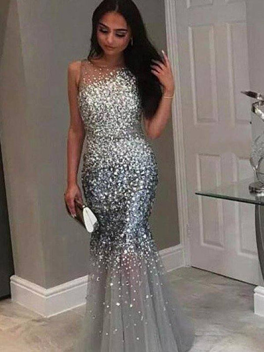 Trumpet/Mermaid Jewel Sleeveless Floor-Length Sequin Tulle Dresses - RongMoon