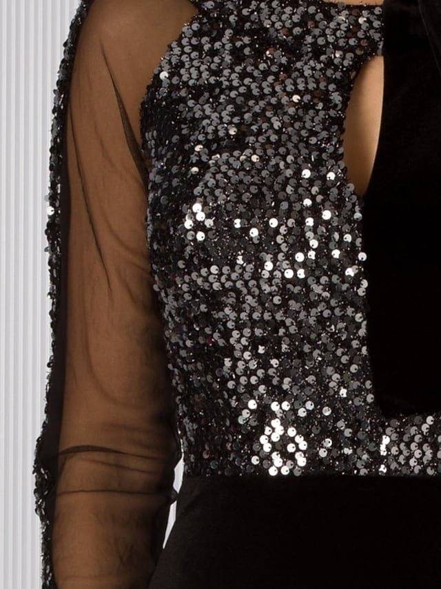 Sheath / Column Mother of the Bride Dress Elegant Sparkle & Shine Jewel Neck Knee Length Tulle Velvet Long Sleeve with Sequin - RongMoon
