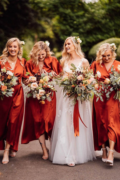 V-Neck Rust Long Bridesmaid Dress with Short Sleeves
