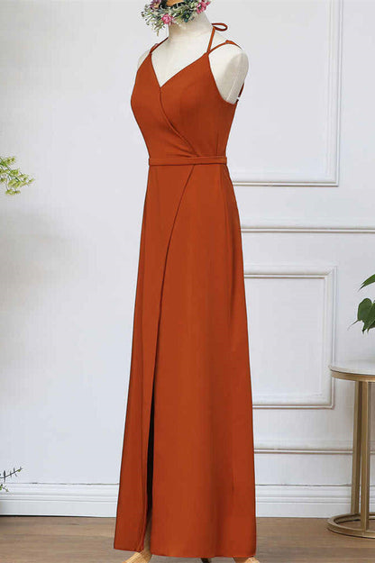 Straps Pumpkin Long Bridesmaid Dress with Slit