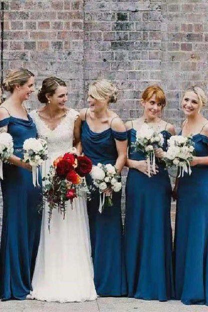 Cold Shoulder Ink Blue Chiffon Bridesmaid Dress