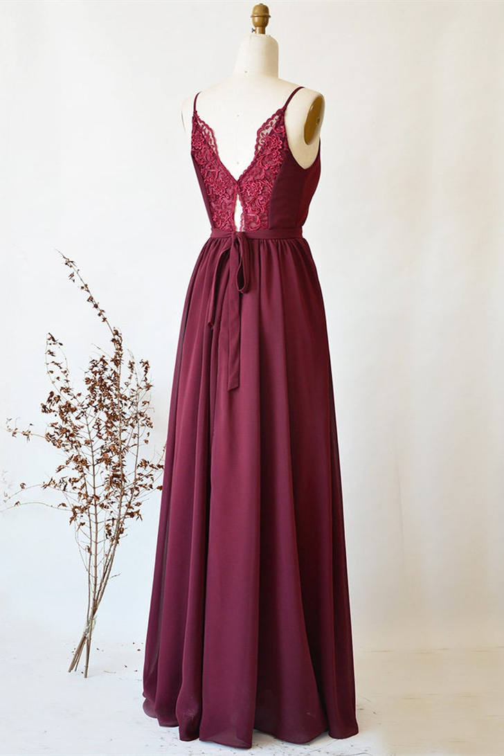 Burgudy V-Neck Pleated Lace Bridesmaid Dress