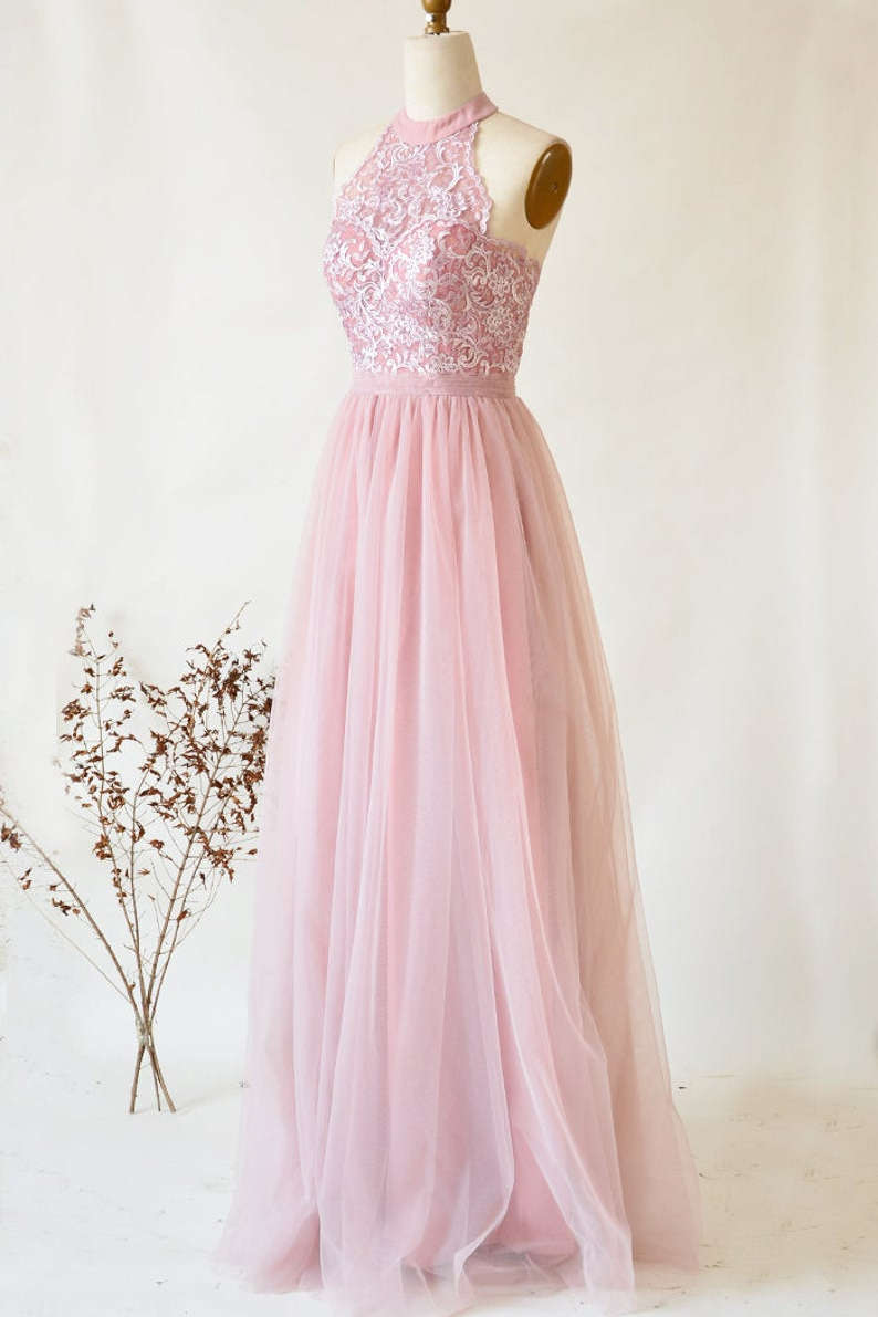 A-Line Halter Pink Lace Long Bridesmaid Dress