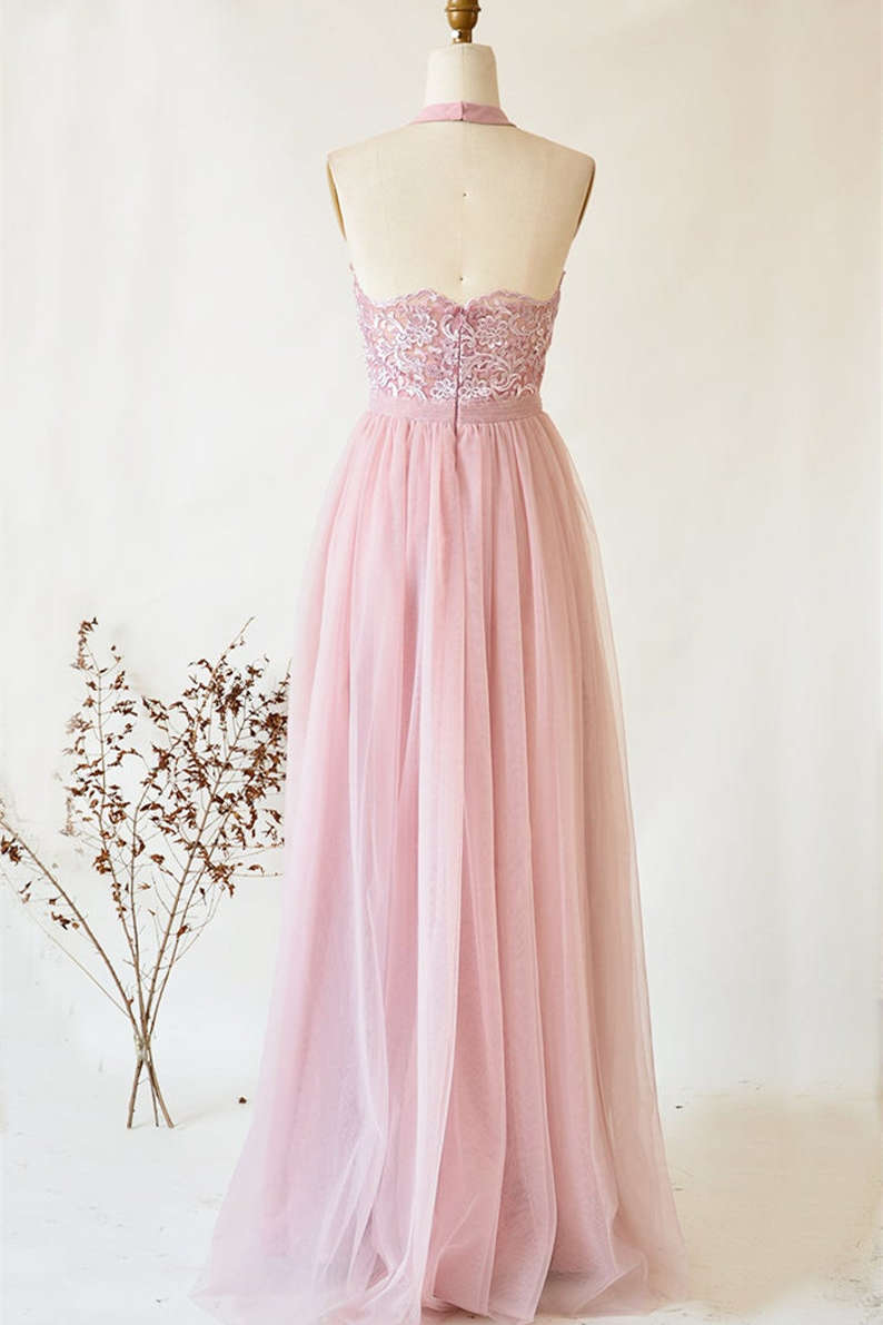 A-Line Halter Pink Lace Long Bridesmaid Dress