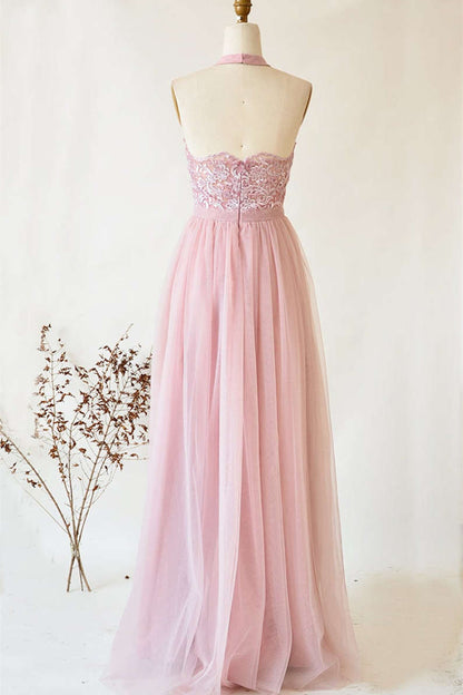 A-Line Halter Pink Lace Long Bridesmaid Dress