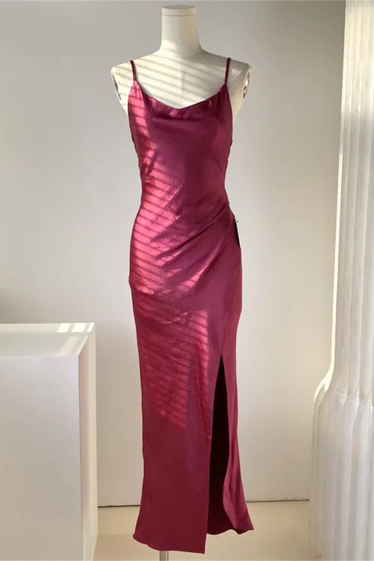 Dark Green Sheath Satin Bridesmaid Dress with Slit