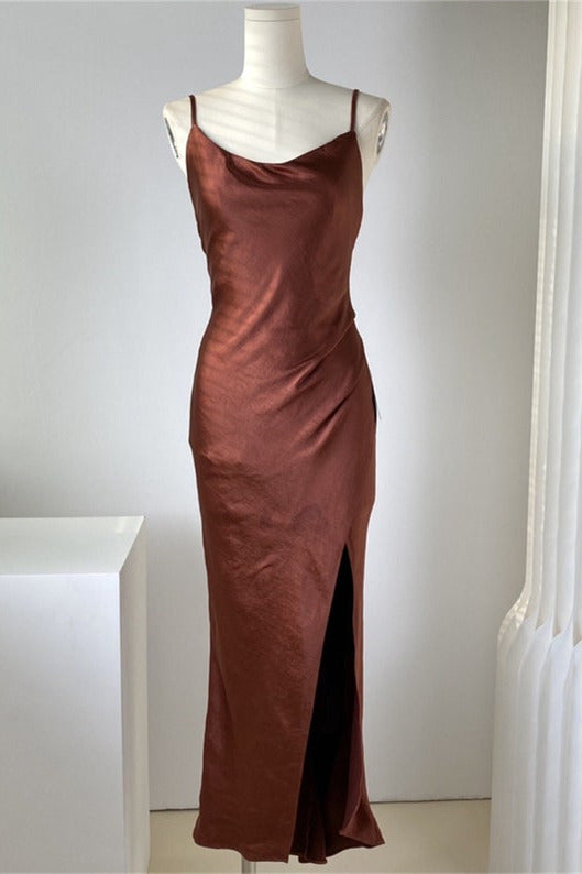 Dark Green Sheath Satin Bridesmaid Dress with Slit