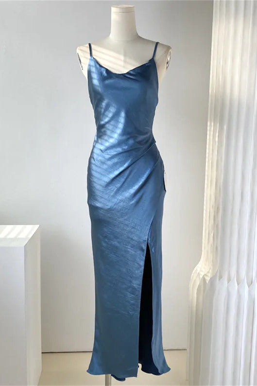 Dark Green Sheath Satin Bridesmaid Dress with Slit