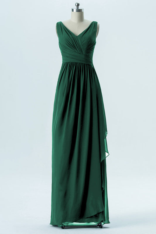 Hunter Green Double V-Neck Chiffon Bridesmaid Dress with