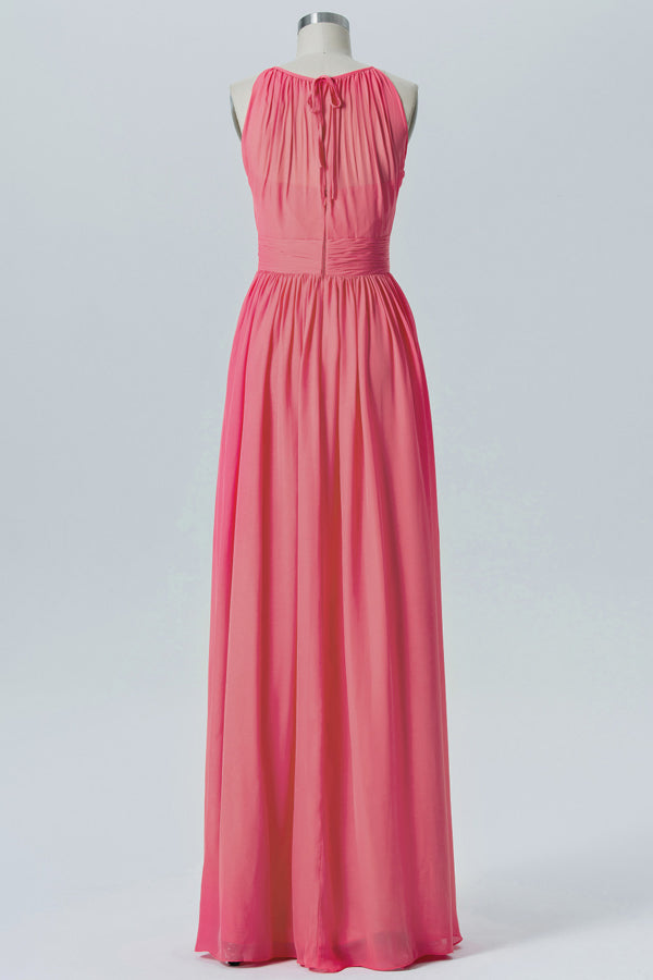Coral Halter Chiffon Long Bridesmaid Dress