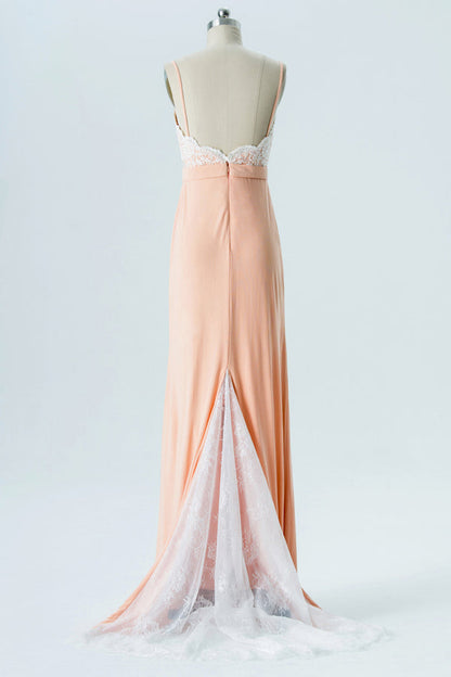 Elgane Lace Top Peach Bridesmaid Dress with Sweep Train