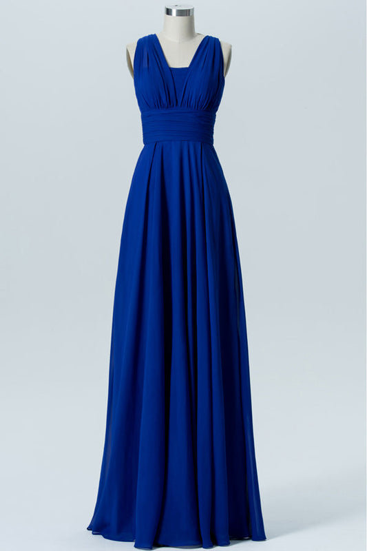 Straps Royal Blue Pleated Long Bridesmaid Dress