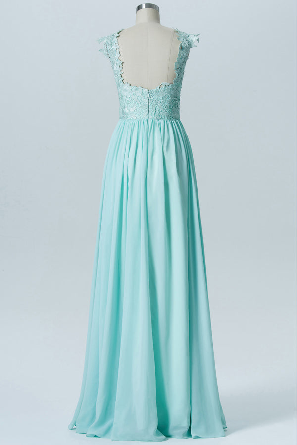 Backless Mine Blue Bridesmaid Dress with Lace Top