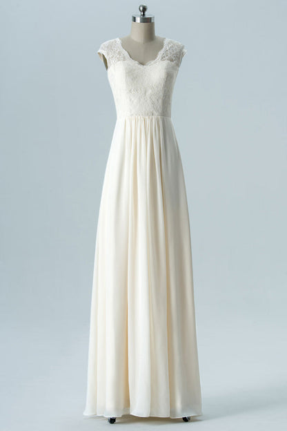 Backless Ivory Lace Top Long Bridesmaid Dress