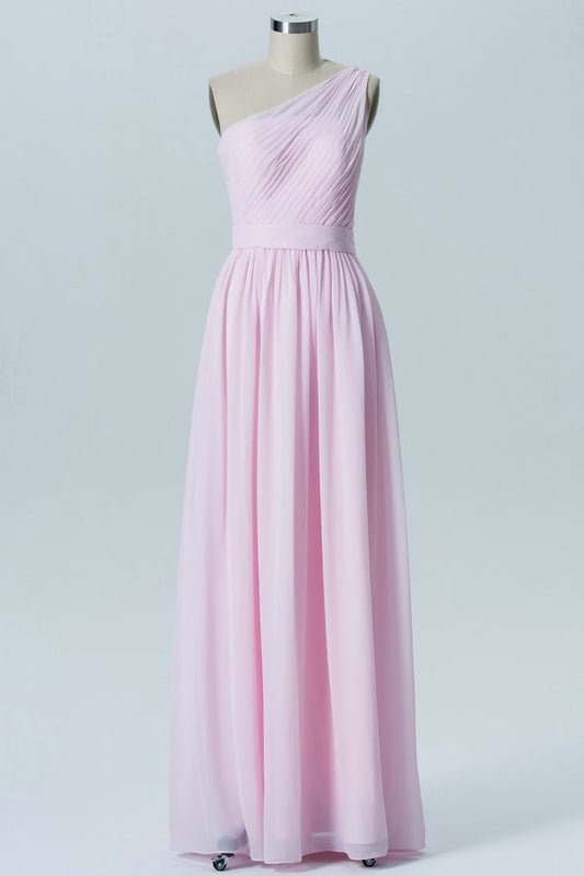 Chiffon Pink One Shoulder Bridesmaid Dress with Belt