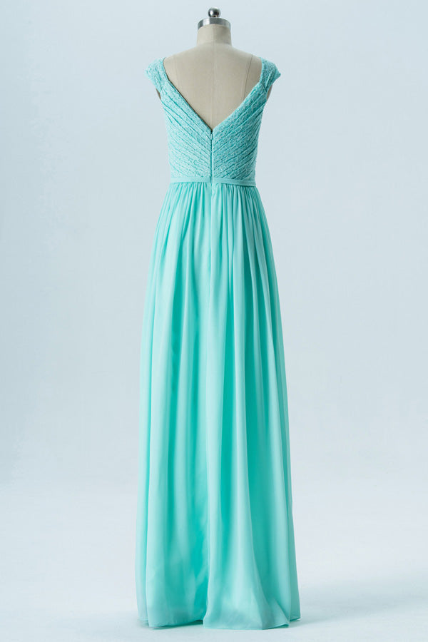 Mint Green Cap Sleeves Long Bridesmaid Dress