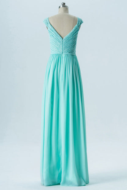Mint Green Cap Sleeves Long Bridesmaid Dress