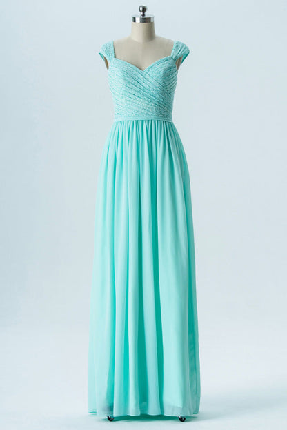 Mint Green Cap Sleeves Long Bridesmaid Dress