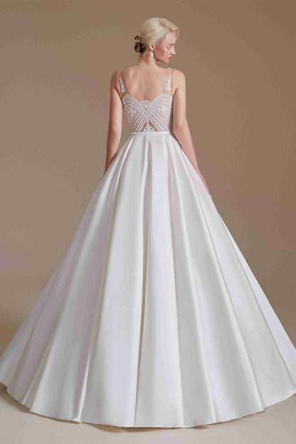 Gorgeous V-Neck White Floor Length Wedding Dress with Embirodery