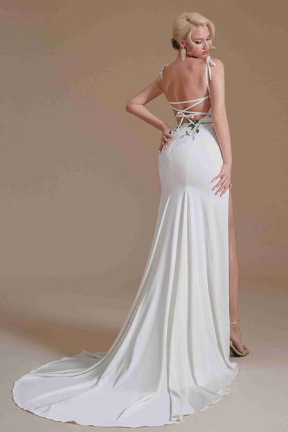 Mermaid Tie Shoulder Embroidery Wedding Dress with Slit