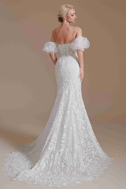 Sweetheart White Lace Mermaid Wedding Dress with Detachable Sleeves