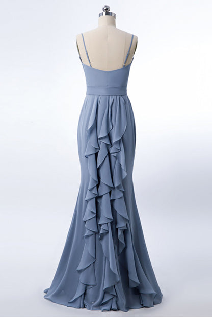 Mermaid Dusty Blue Chiffon Bridesmaid Dress with Ruffles