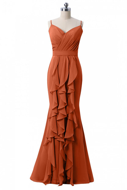 Mermaid Dusty Blue Chiffon Bridesmaid Dress with Ruffles