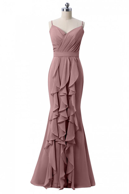 Mermaid Dusty Blue Chiffon Bridesmaid Dress with Ruffles