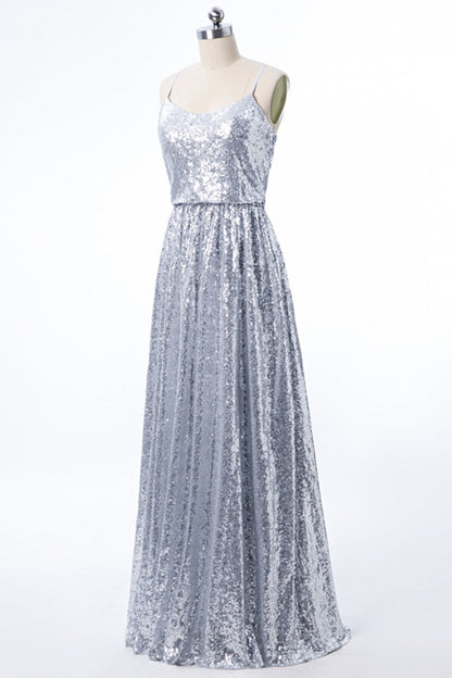 Criss Cross Back Silver Sequins Bridesmaid Dress