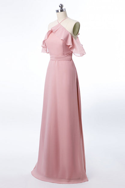 Blush Pink Halter Ruffles Long Bridesmaid Dress