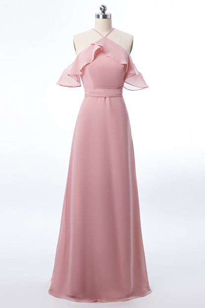 Blush Pink Halter Ruffles Long Bridesmaid Dress
