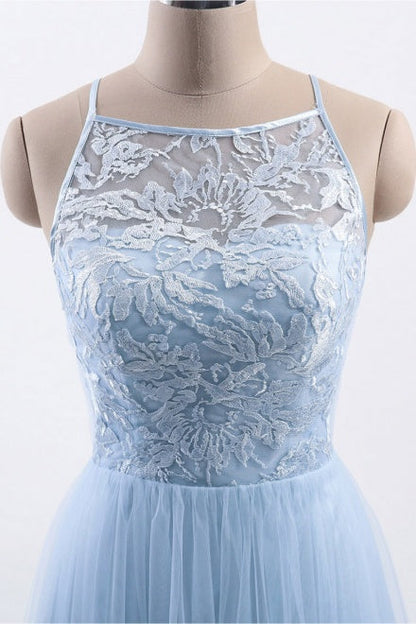 Cut Out Back Ice Blue Lace Bridesmaid Dress