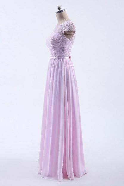 Cap Sleeves Pink Lace Long Prom Dress