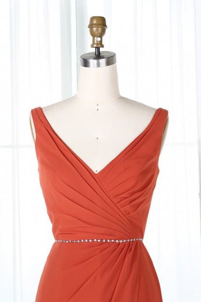 V-Neck Burnt Orange Bridesmaid Dress with Beaded Belt