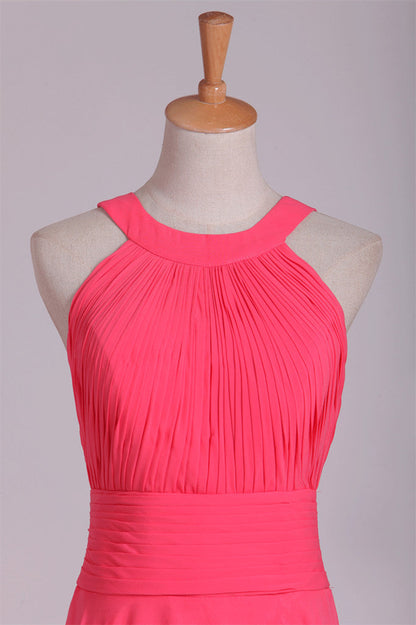 Crew Neck Watermelon Chiffon Long Bridesmaid Dress